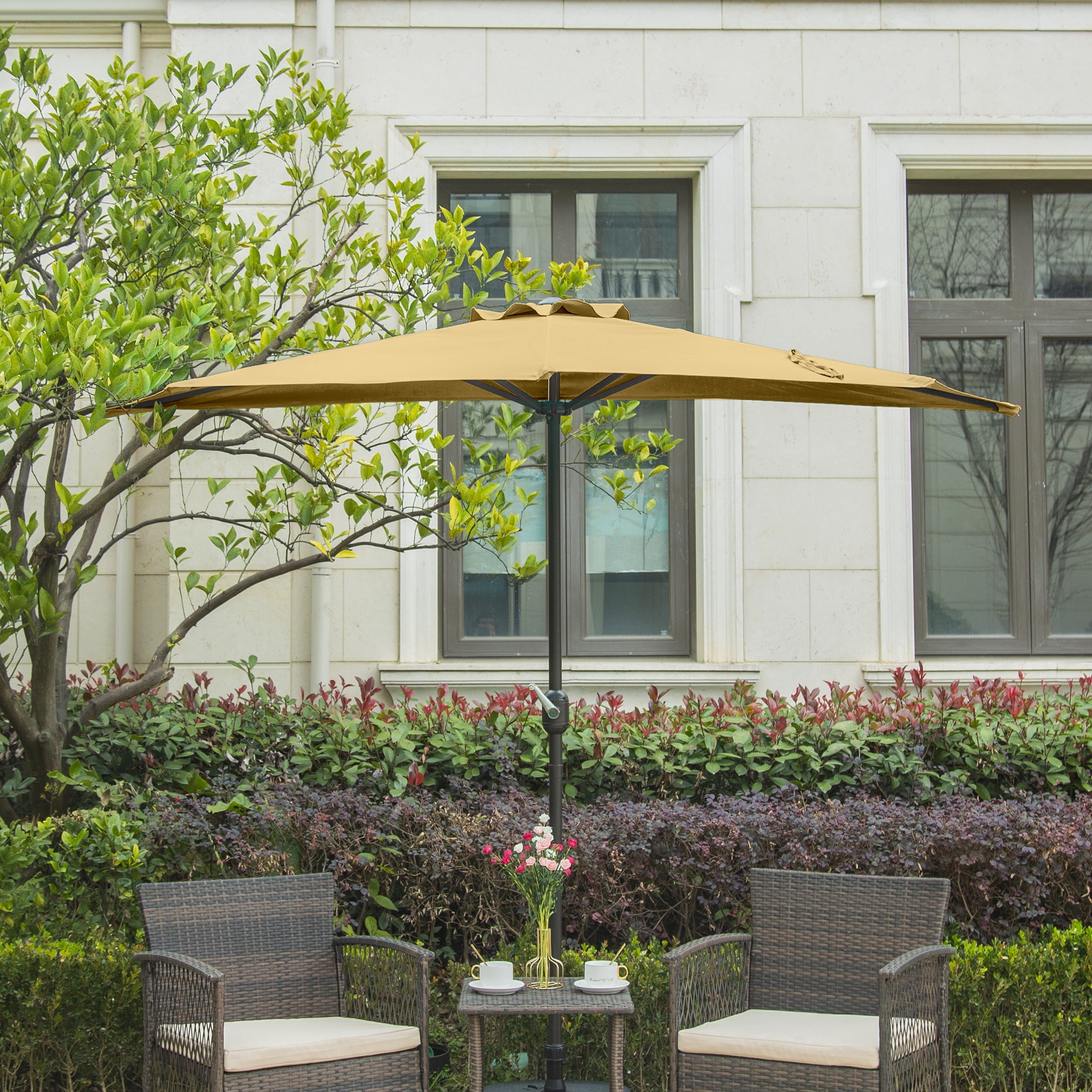 BAYSHORE 9 Ft Half Umbrella with Resin Concrete Base Included for Oudoor Patio, Beige