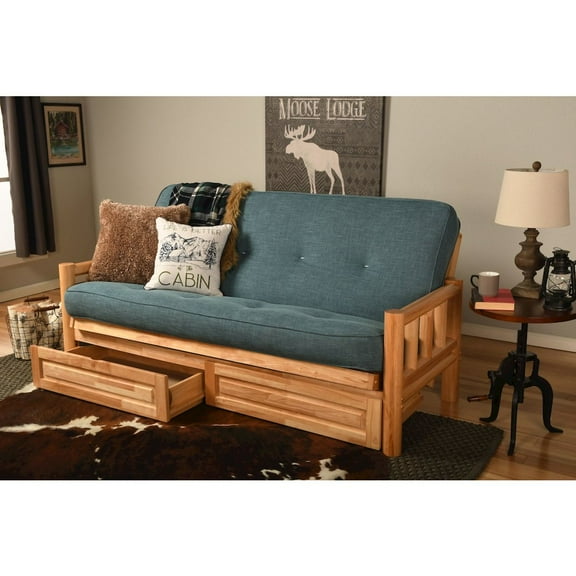 Kodiak Furniture Lodge Storage Futon with Linen Fabric Mattress in Natural/Blue