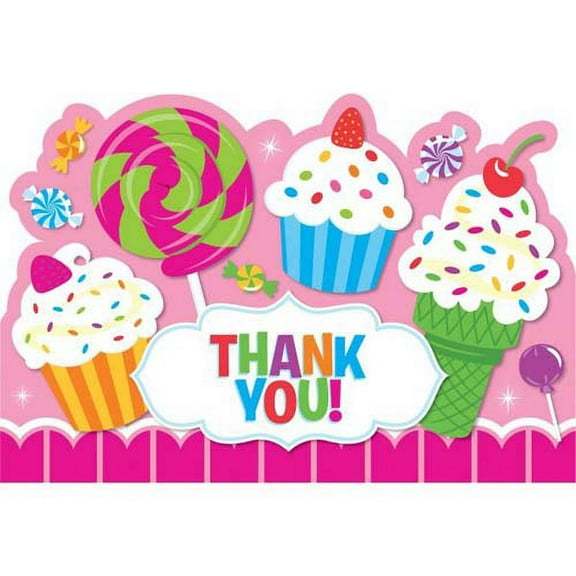 Sweet Shop Candy Cupcake Pink Kids Birthday Party Thank You Notes Cards