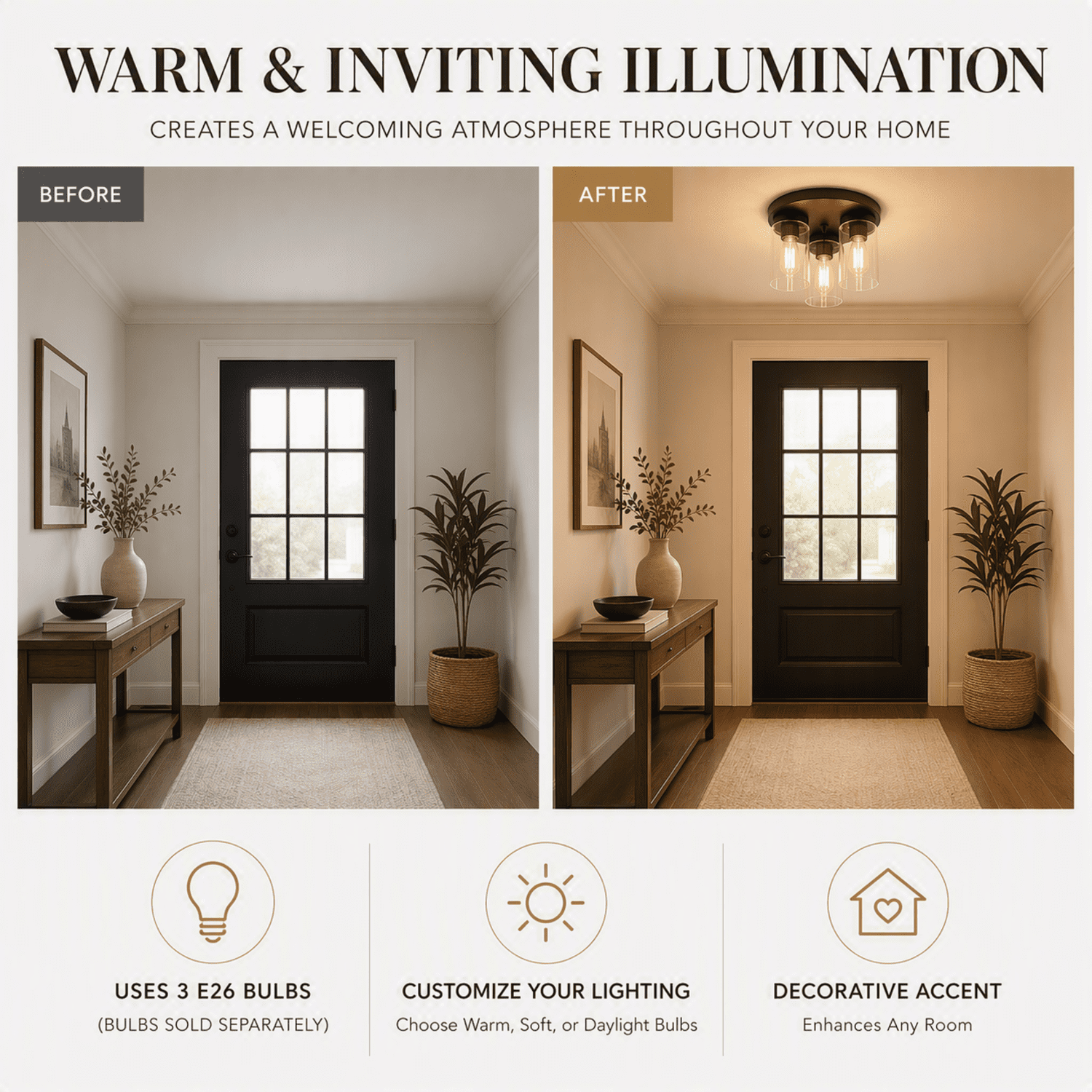 Better Homes & Gardens 12 in. Farmhouse 3-Light Walnut Flush Mount Ceiling Light with Clear Glass Shades