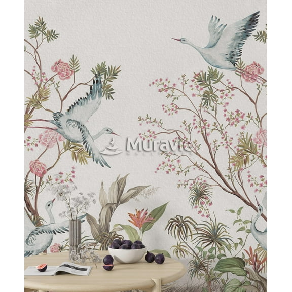 Chinoiserie Birds and Roses Wallpaper, Vintage Roses Modern Wallpaper