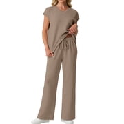 Cueply Two Piece Sets for Women Summer Casual Vacation Outfits Cap Sleeve Wide Leg Long Pants Lounge Sets
