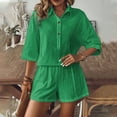 thumbnail image 2 of Timegard 2 Piece Sets for Women Lapel V Neck Button 3/4 Sleeve Shirts Wide Leg Shorts Casual Loose Outfits, 2 of 8