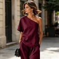 thumbnail image 6 of Women's 2 Piece Outfit One Shoulder Top and High Waist Wide Leg Pants Set, Textured Washed Crinkle Lounge Set, Casual Boho Flowy Matching Set for Summer Wine XXL, 6 of 6