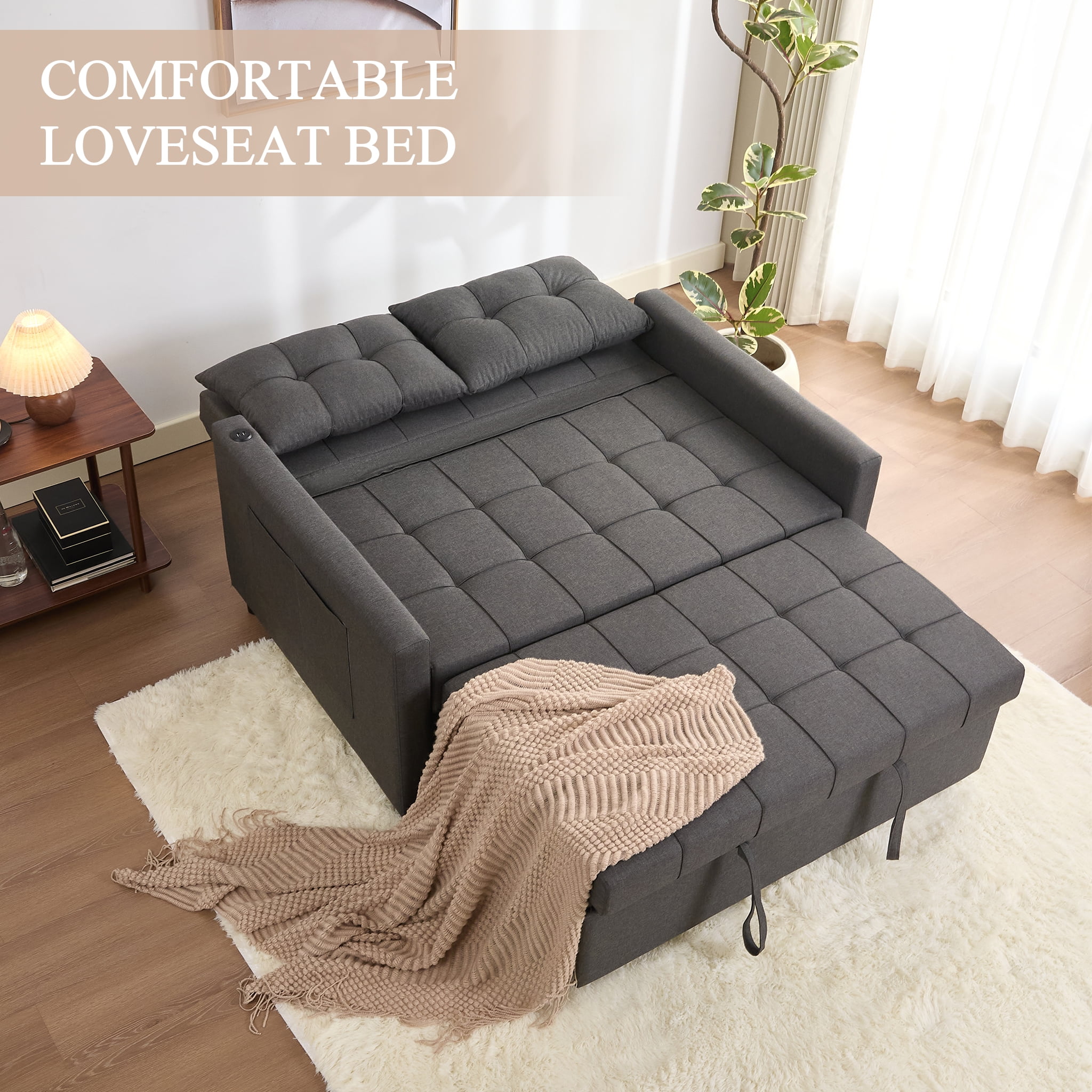 LAKPS 52" Linen 3-in-1 Convertible Sleeper Sofa with Pull-Out Bed, Stepless Adjustable Backrest & Side Pocket - for Family, Living Room, Dorm, Apartment, Linen, Dark Grey