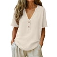 thumbnail image 3 of Plus Size Women's Relaxed Fit V Neck Short Sleeve Solid Pullover Top Comfy Breathable Soft Casual Daily Wear Weekend Outfits | CSEONE,Khaki 2XL, 3 of 7