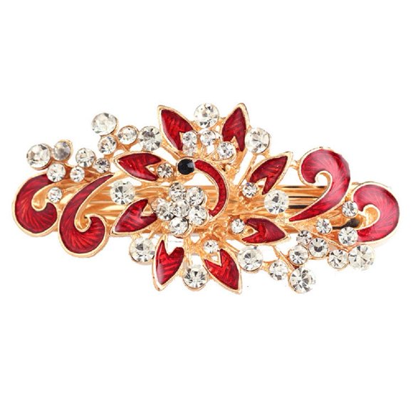 NYKKOLA Pasador francés de múltiples capas con forma de pavo real y diamantes de imitación para mujer, color rojo