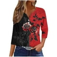 thumbnail image 3 of Women's Rose Shirt Casual V-Neck Pullovers Button Up Long Sleeve Top with Contrast Red Black Pattern Trendy Loose Fit Blouse for 2025 Autumn Daily Wear & Casual Outfits, 3 of 6