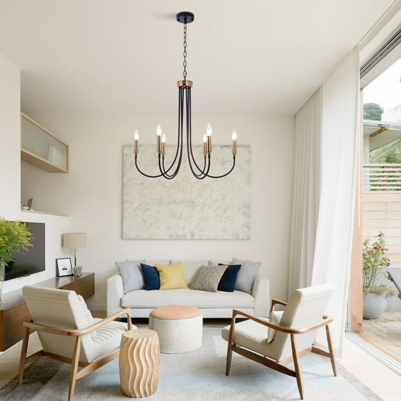 28-inch retro European iron chandelier, 6-head bedroom chandelier, dining room and living room lighting fixture (black   gold)