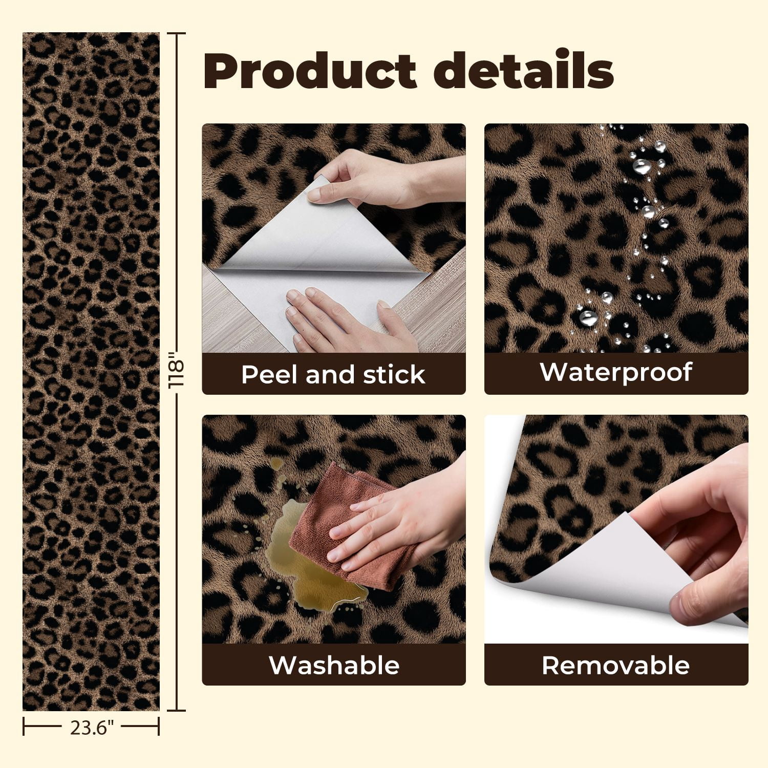 Peel and Stick Wallpaper Leopard Print Brown Black Tones Wall Mural 23.6in x 9.8ft Self Adhesive Removable Wall Paper Renter Friendly Wallpaper for Nursery Bedroom Cabinets