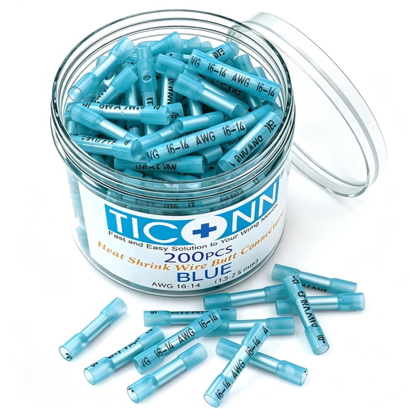 TICONN 200 pack Blue Heat Shrink Butt Wire Connectors Waterproof Crimp Terminal Kit 16–14 AWG