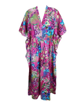 Mogul Womens Floral Caftan V-Neckline Cotton Pink Printed Kimono Sleeves Cover Up Maxi Dress Kaftan One Size