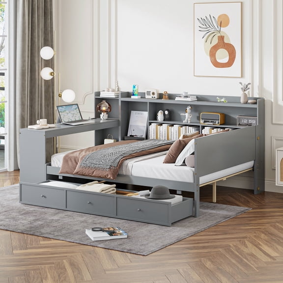 Newboti Furniture Full Size Wooden Daybed With 3 Drawers, USB Ports and desk, Gray 79257