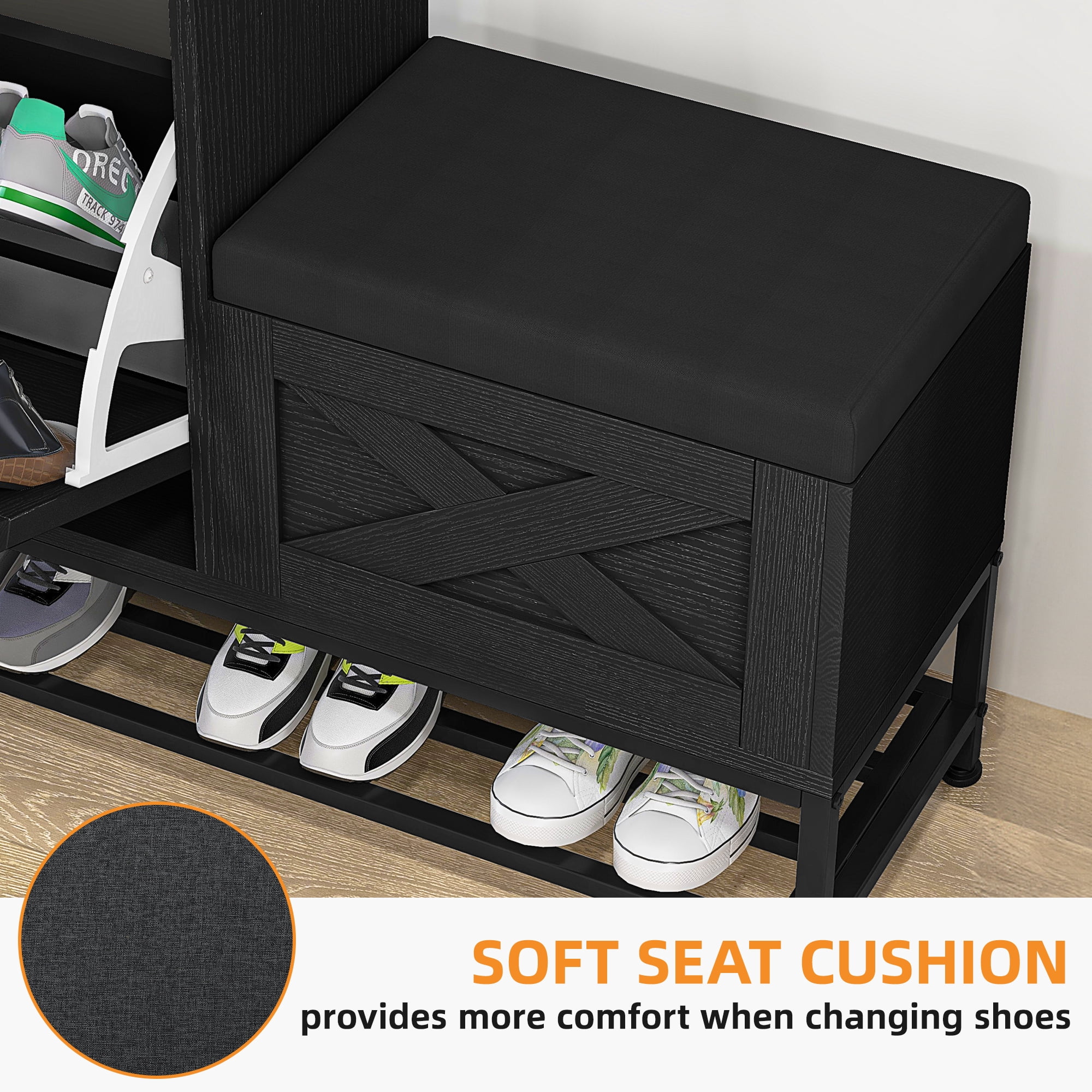 Uforic Shoe Cabinet with with 2 Flip Drawers&Shoe Bench,Farmhouse Narrow Slim Shoe Storage Cabinet for 16 Pairs for Entryway, Foyer, Black