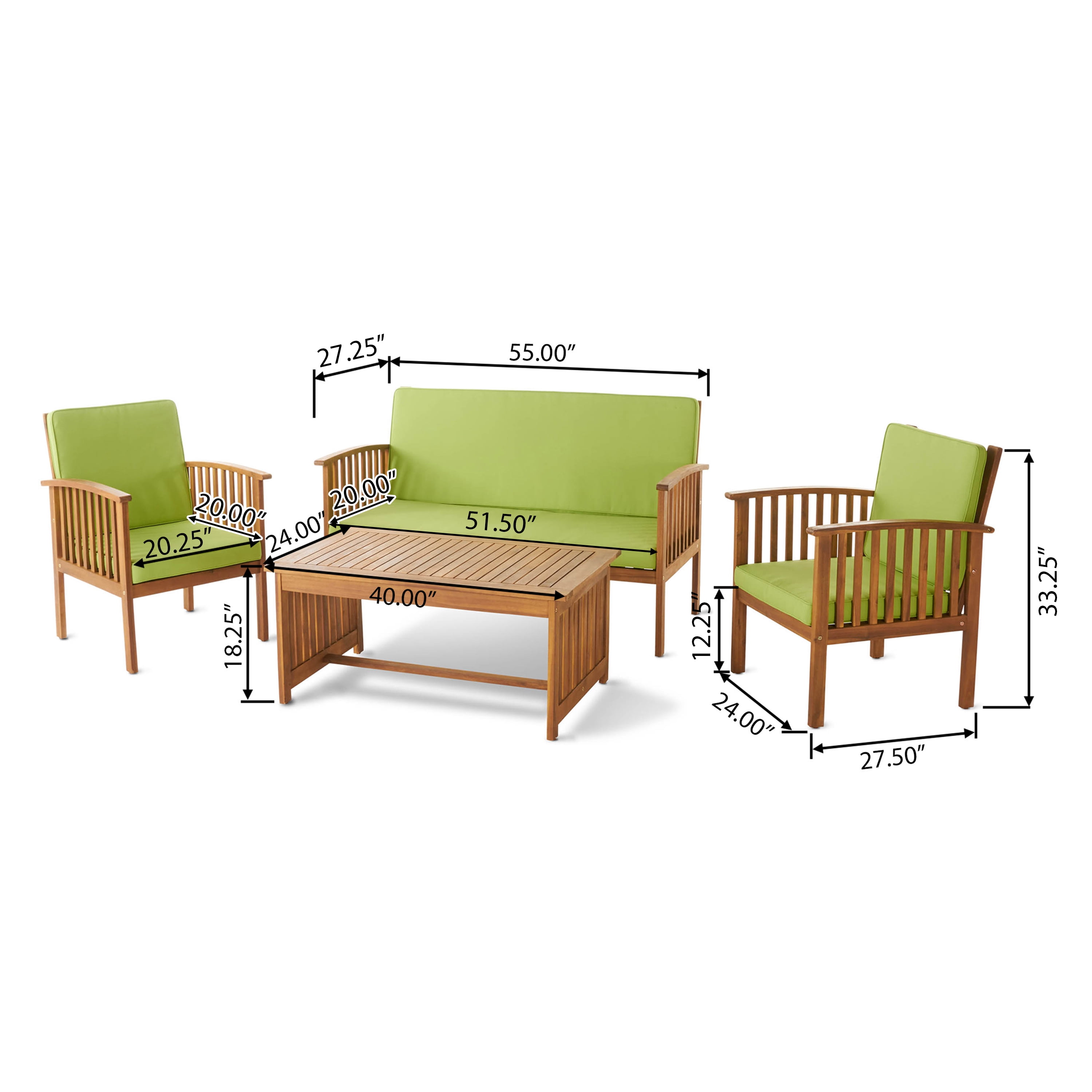 Sparks Outdoor 4 Piece Acacia Wood Sofa Set with Cushions, Brown Patnia, Light Green