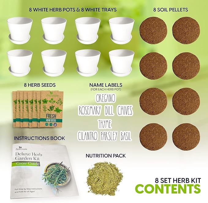 Deluxe Herb Garden Kit - 8 Variety Herbs for Indoor & Outdoor – Get Growing with Pots, Potting Soil for Window Herb Garden. (8 Set Deluxe herb kit)