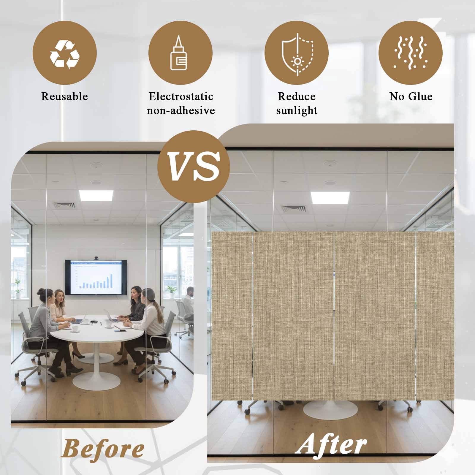 Reusable Static Cling Window Tints, Beige Window Privacy Film Frosted, Farmhouse Burlap Solid Brown Color Modern Linen Texture Heat Control Windows Films for Offices, Balcony, 29.5 x 118 Inches