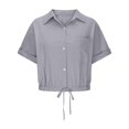 thumbnail image 3 of Women Casual Crop Short Sleeve Button Down Blouses Shirt Collar Loose Fit Shirt Gray XXL, 3 of 6
