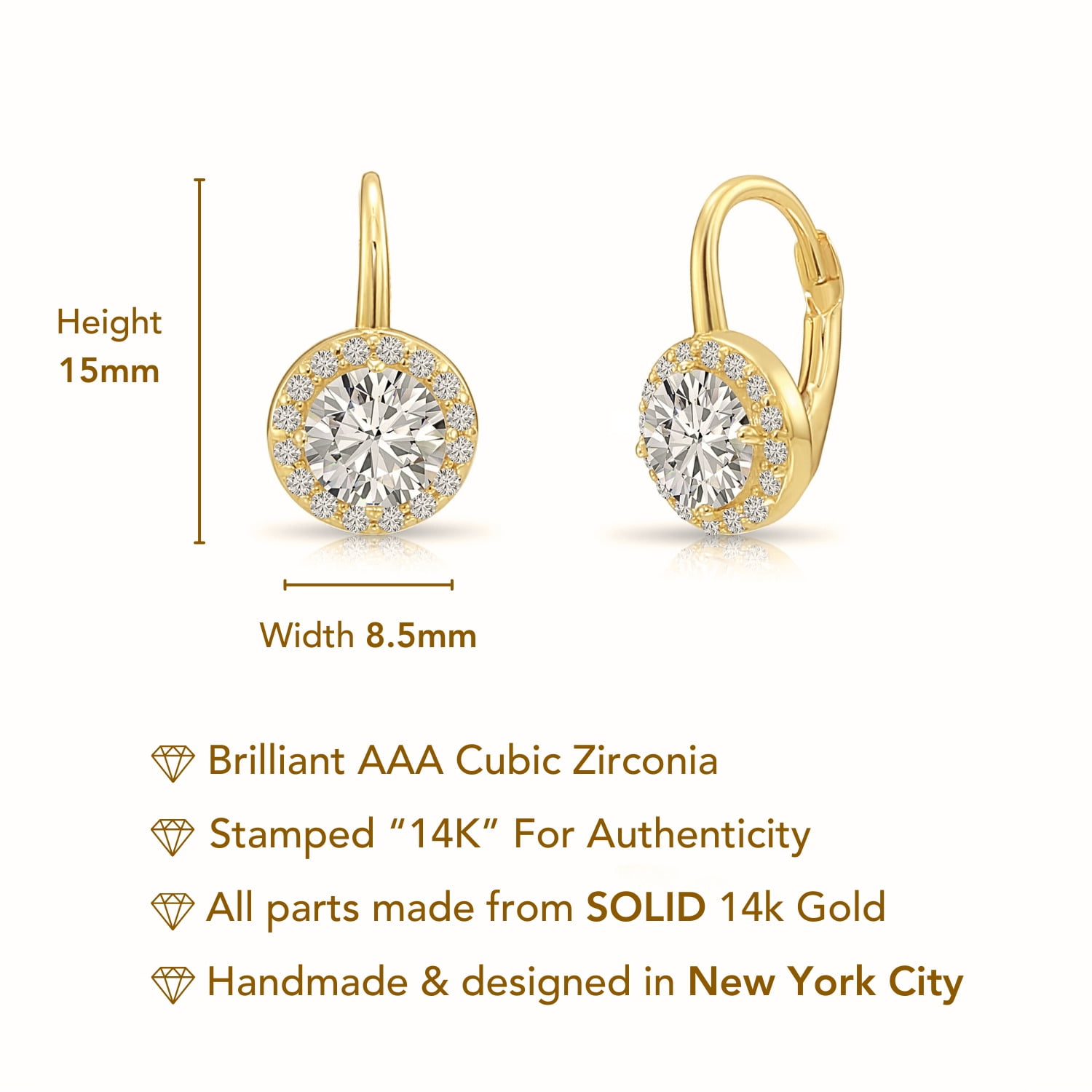 Tilo Jewelry 14K Yellow Gold Round Halo Drop Earrings with Cubic Zirconia CZ Stones | Secure Leaver-Backs | Fancy Earrings for Women & Unisex