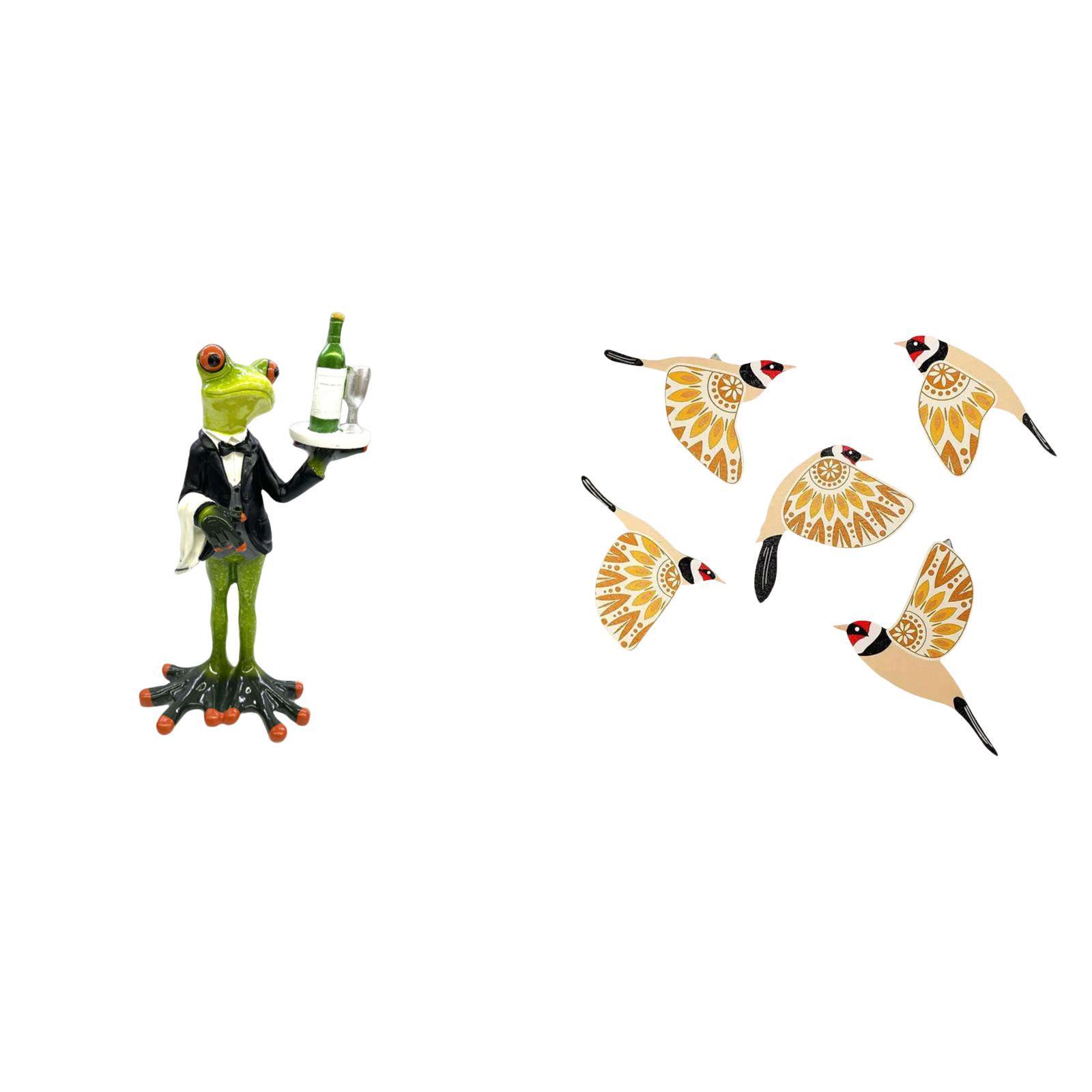 QSTDGVPW Frog Waiter Statue and Wooden Bird Wall Art Sculpture Creative Decorative Figurine Ornament for Fireplace Entrance Shelf Birthday Housewarming Gift Collectible Office Crafts Bedroom