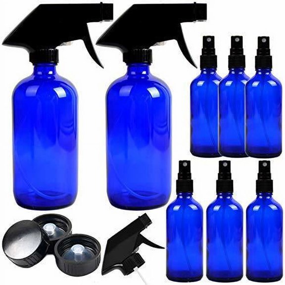 Youngever 8 Pack Empty Cobalt Blue Glass Spray Bottles, 2 Pack 8oz and 6 Pack 4oz Refillable Spray Bottle