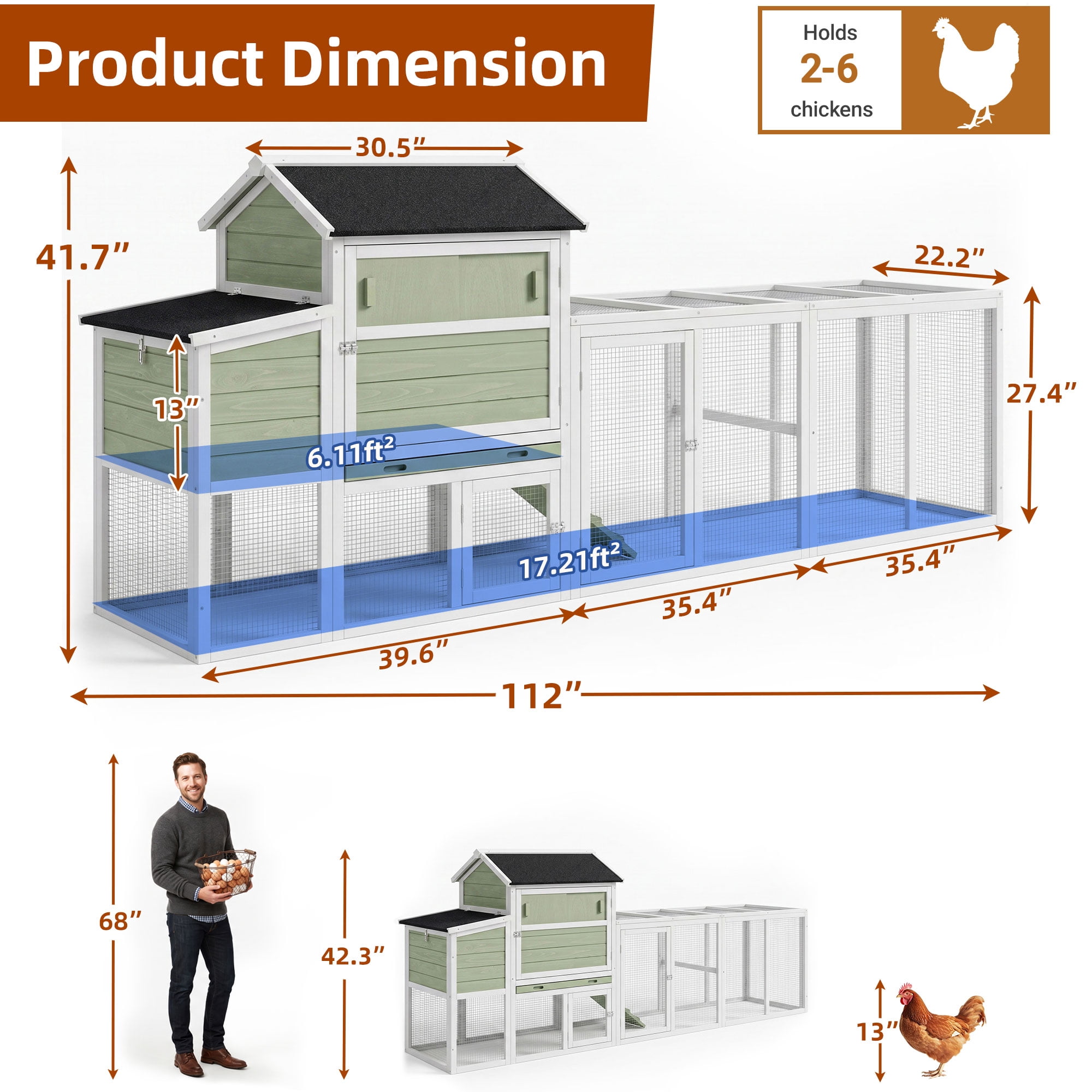 Backyard Chicken Coop with Nesting Box, Weather Resistant Wooden Hen House, Walk-In Run Options, Fits 2-6 Chickens, Green Coop with Run