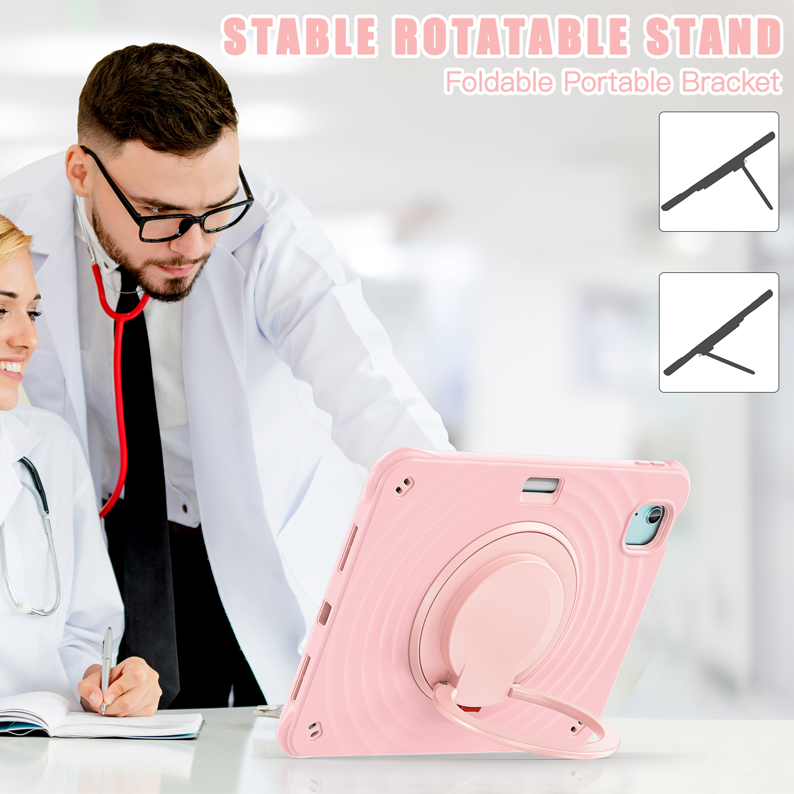 Case for Apple iPad Air 11 (2024) with Stand for Women Men, 360° Rotatable Kickstand Shoulder Strap Pencil Holder Shockproof Protective Back Cover for iPad Air 11 inch Case M2 2024, Pink