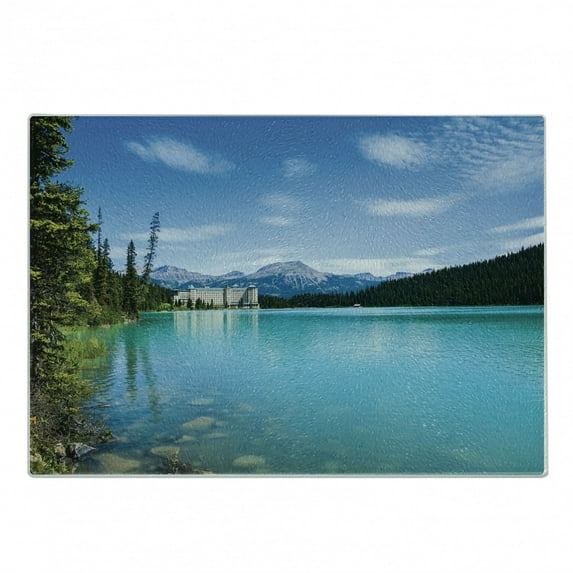 Landscape Cutting Board, Historical Castle by the Crystal Color Lake Canadian Rurals Art, Decorative Tempered Glass Cutting and Serving Board, Small Size, Turquoise Green, by Ambesonne