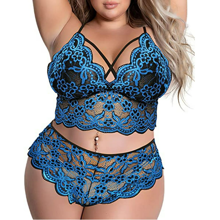 Plus size sexy lingerie hollow out strap blue floral sexy bra set
