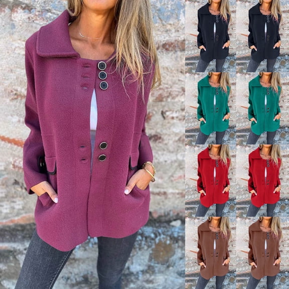 FRSASU Women Sweatshirt Lapel Collar Long Sleeve Jacket Solid Color Button Casual Hoodless Tops Coat Outwear with Pocket Red XL(XL)