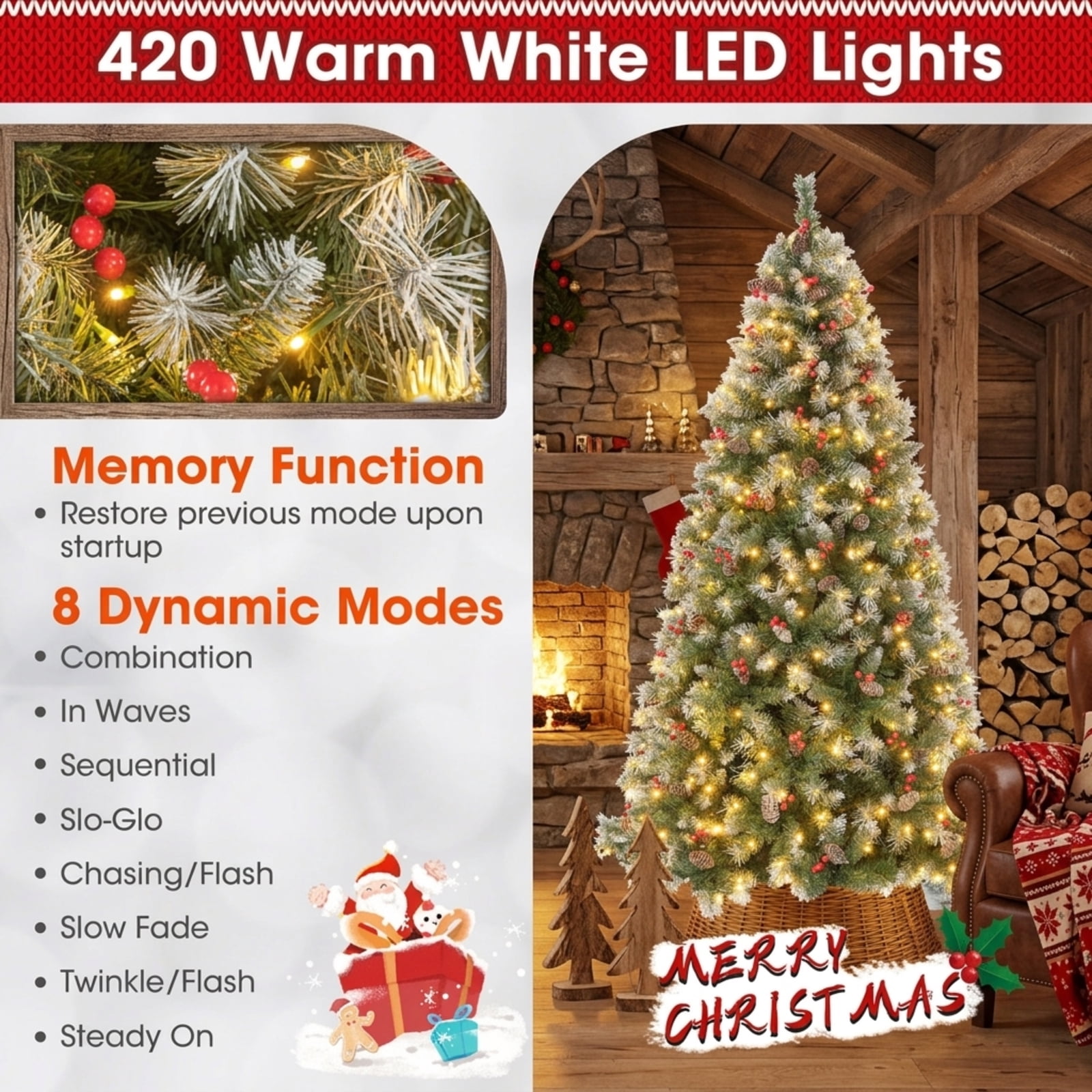 RUIE 6.5 ft Hinged Christmas Tree, Pre-Lit Green White Artificial Xmas Tree with 420 LED Lights, 909 Branch Tips and Pine Cones
