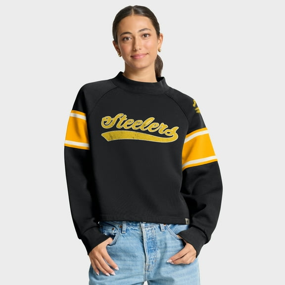 Women's Fanatics Black Pittsburgh Steelers Oversized Hometown Toss Sweep Mock Neck Pullover