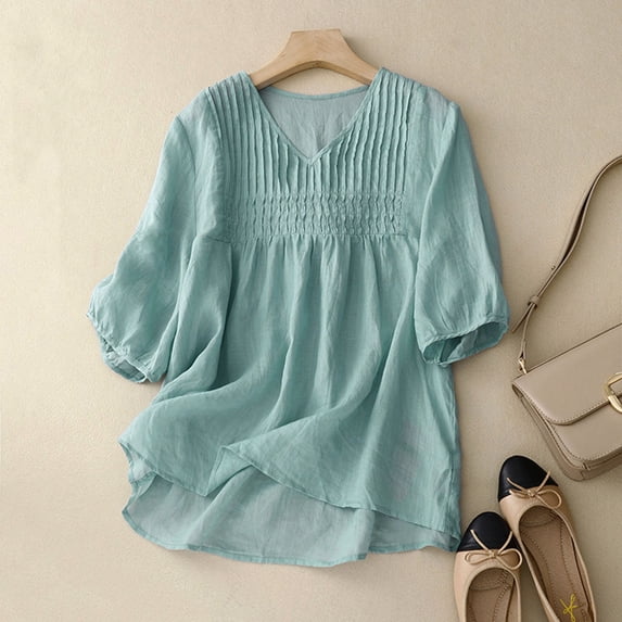 LIIPEE Womens T-Shirts Casual Solid Color V-Neck Puff Elbow-Length Peasant Ladies Summer Baggy Comfortable Breathable Soft Daily Fashion Ruched Tee Tops,M