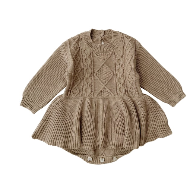 MEZZALL Barboteuse en Tricot à Manches Longues pour Bébé Fille, Couleur Unie, Printemps Hiver, Combinaison Justaucorps Robe, Tricot, Coupe Décontractée, Robe d'Été pour Nourrissons, Beige, 18-24 Mois