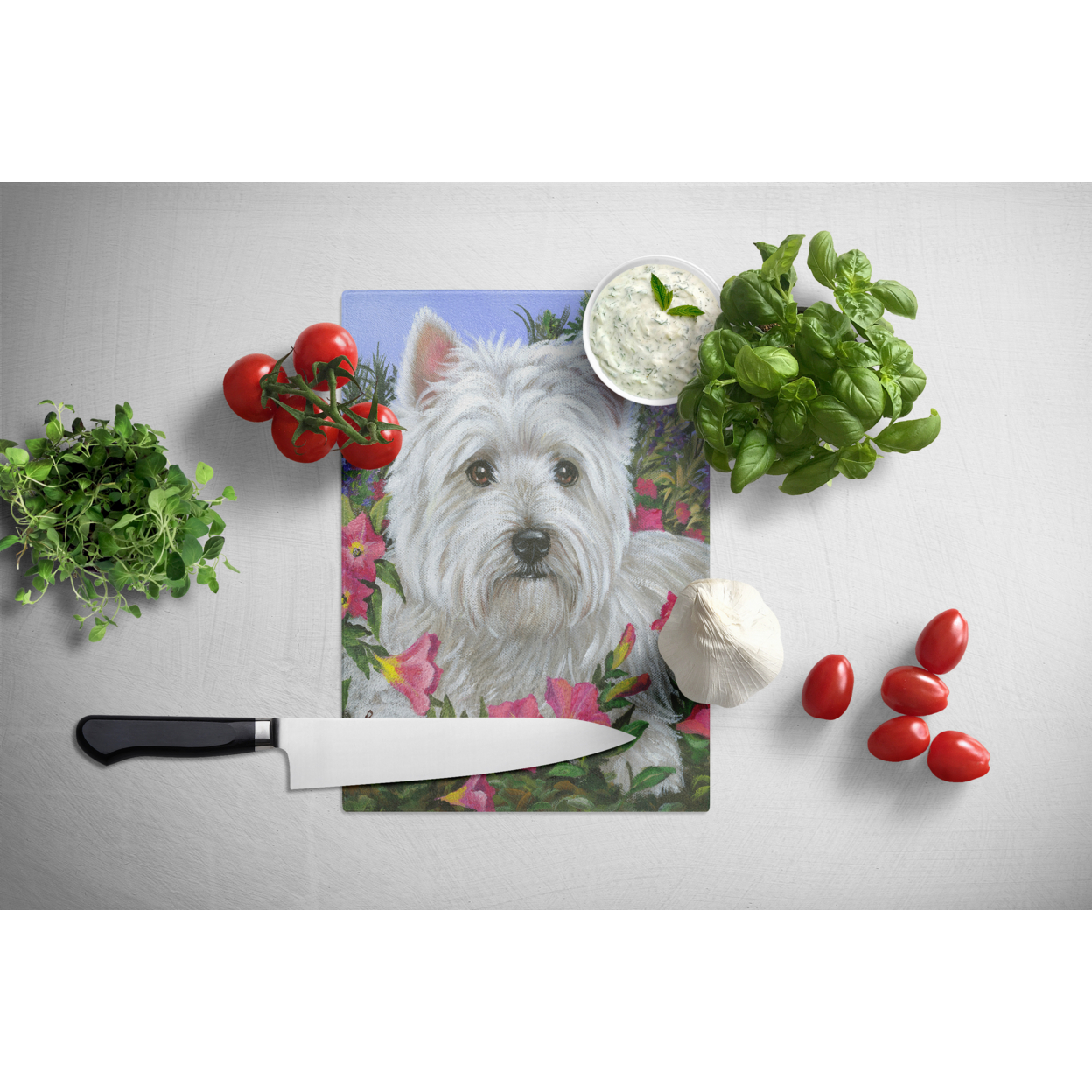 Carolines Treasures PPP3221LCB Westie Petunia Glass Cutting Board Large, 12H x 16W, multicolor