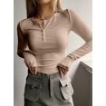 thumbnail image 3 of Women'S Long Sleeve Henley T Shirts Button Ribbed Knit Slim Fit Basic Tops Blouse Casual Outfits Khaki S, 3 of 5