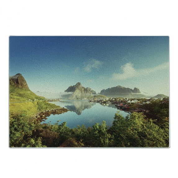 European Cutting Board, Reine Creek in Norway in a Sunny Fall Day Tranquil Peaceful Vacation Image Print, Decorative Tempered Glass Cutting and Serving Board, Small Size, Green Blue, by Ambesonne