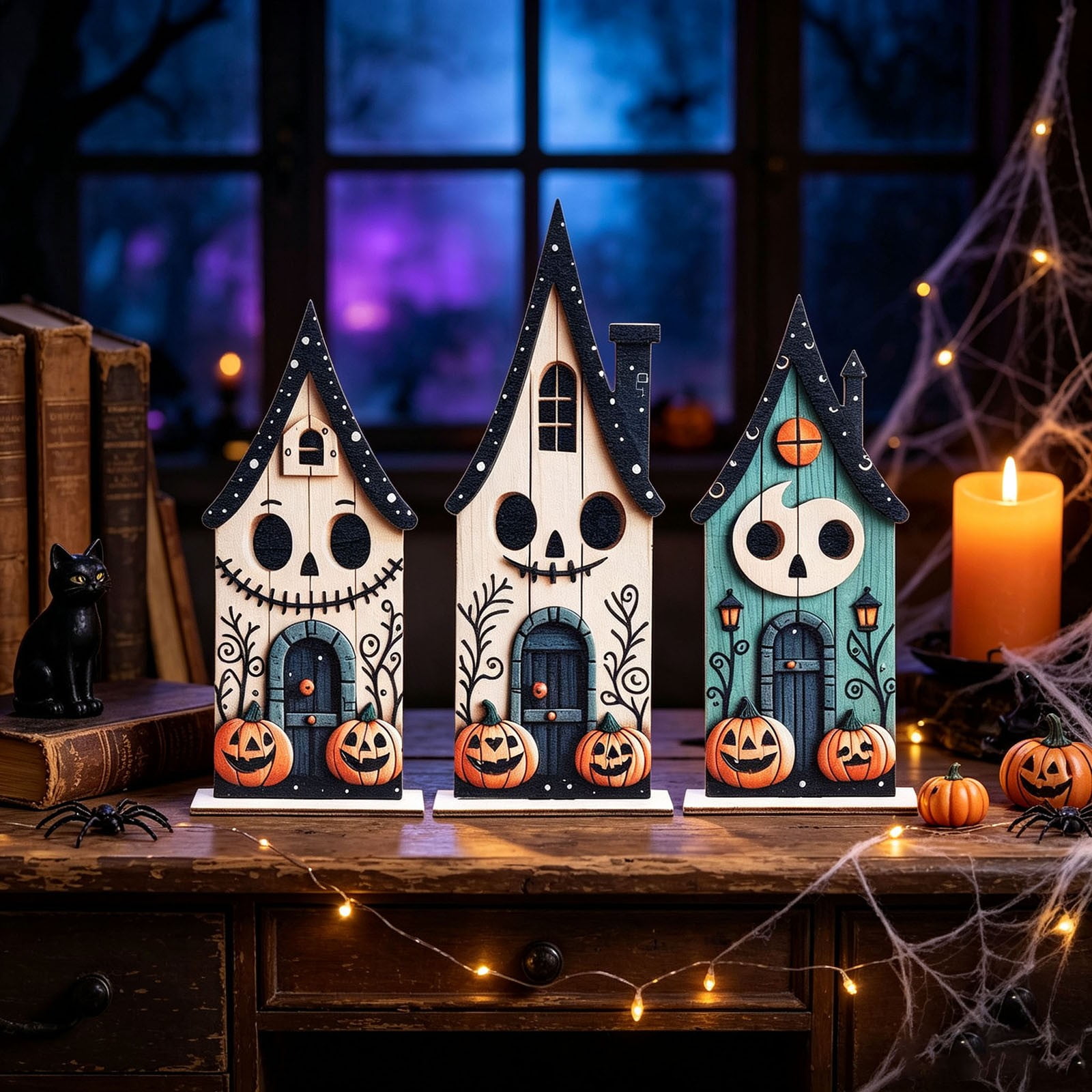 Halloween Haunted House Figurines Set 2D Flat Wooden Tabletop Cottage Decor with Skull Face & Pumpkin 3 Pcs Tiered Tray Halloween Ornaments for Fireplace Mantel Shelf Home Party Decoration