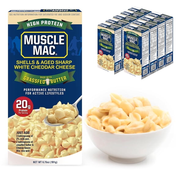 Muscle Mac High Protein Shells & Cheese Dinner, Made With Aged Sharp White Cheddar and Butter from GrassFed Cows, 20g of protein, 6.75 oz (Pack of 10)