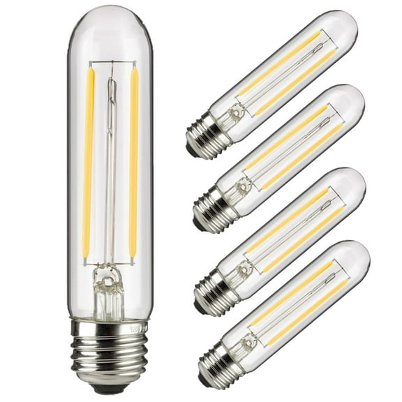 Diodesy- Pack of 5 T10/LED/FS/2W/950 T10 LED Tubular Light Bulb, Dimmable Edison Bulb, 2 Watt (25W Equivalent), 5000K Bright White, Clear Tube Glass E26 Base for Pendant Lights, Wall Sconce, Desk Lamp