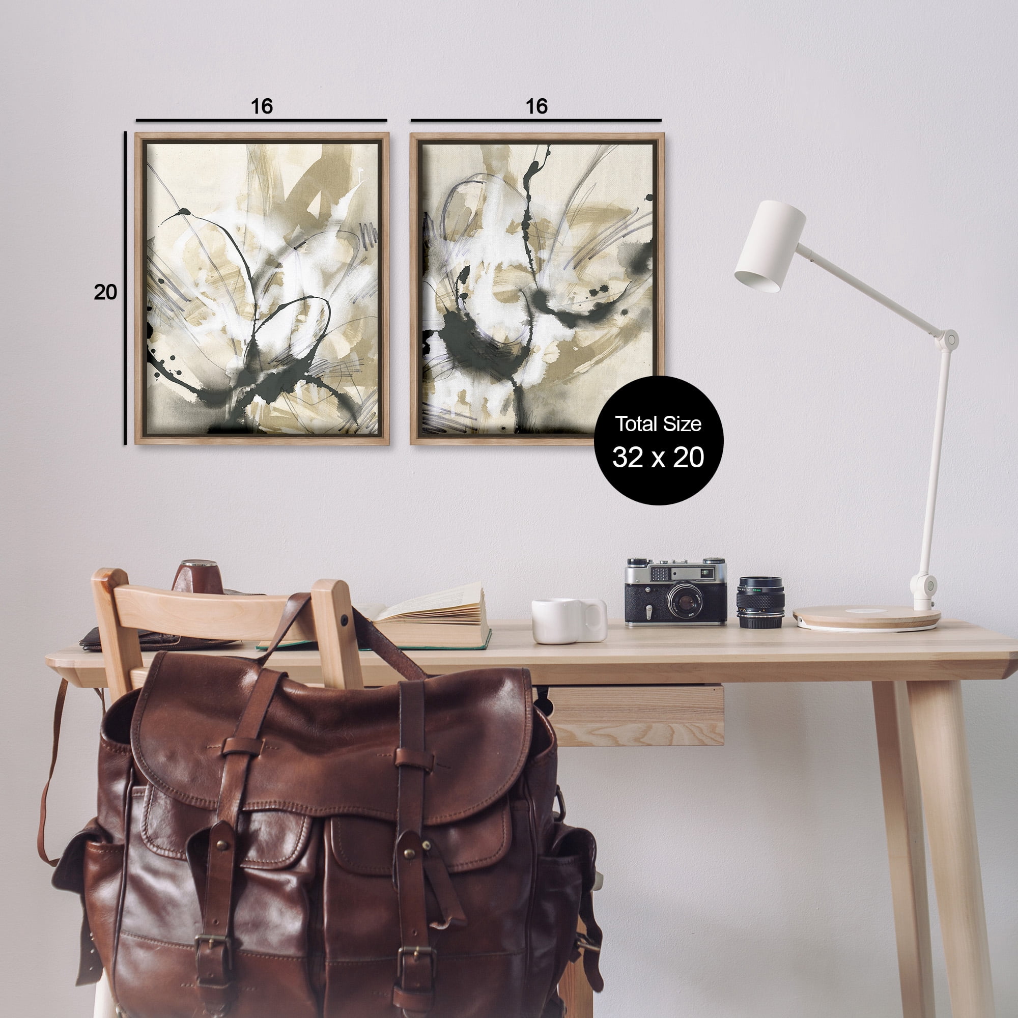 Stupell Industries Beige & Black Splatter Abstract Painting Brown Floater Framed Canvas Art Print Wall Art, 17 x 21, Set of 2