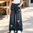 thumbnail image 4 of Spazoro Girls Denim Pants with Pockets, Elastic Waist Button Closure Loose Fit Wide Leg . Heart Plaid Print Casual Wide Leg Trousers Blue Size 5-6, 4 of 9