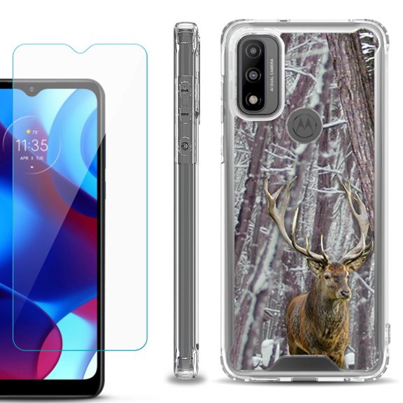 Shockproof Bumper Phone Case for Motorola Moto G Pure, with Tempered Glass Screen Protector, by OneToughShield ® - Deer/Snow/Camo