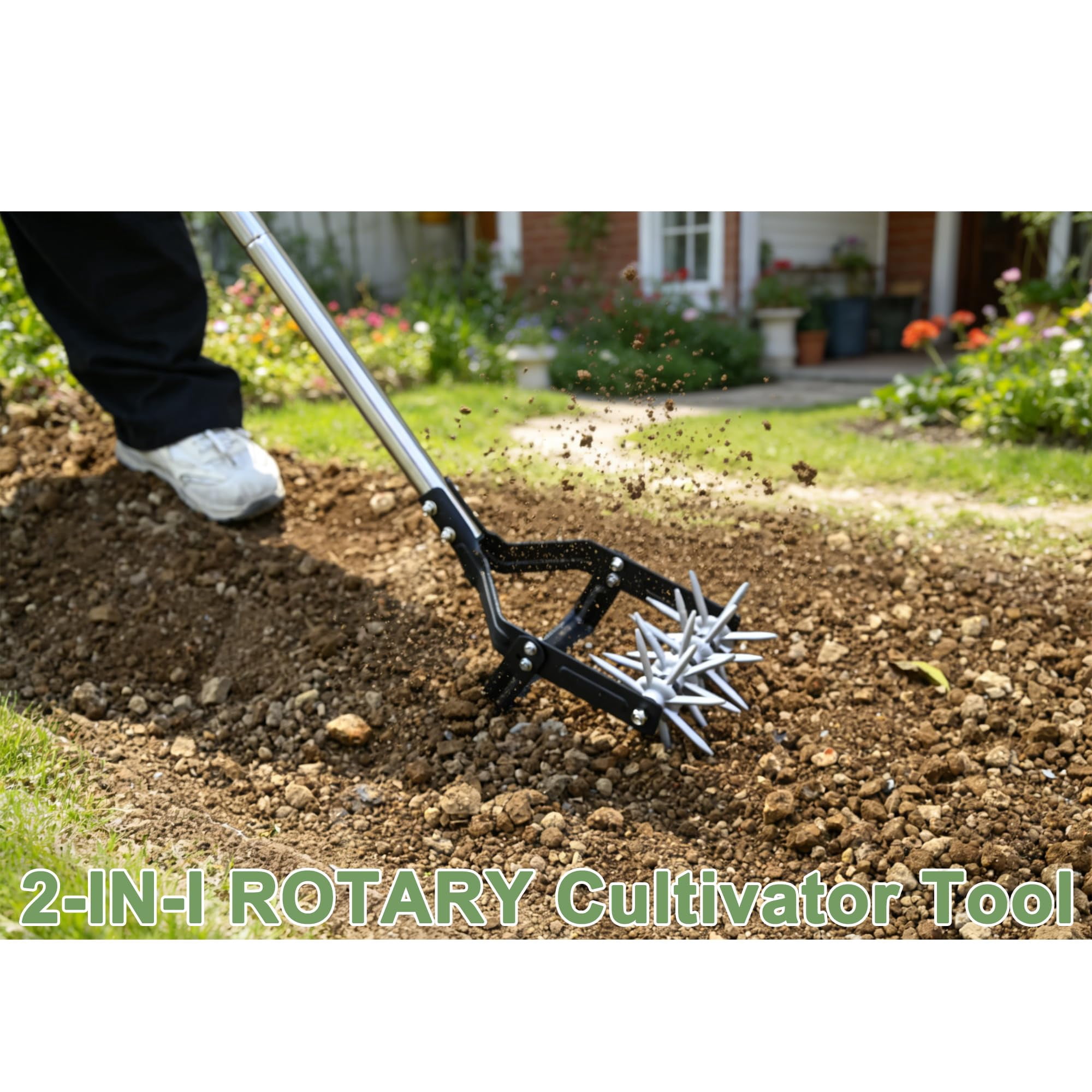 Garden Rotary Cultivator  67-inch Adjustable Handle Sturdy Star Tines 2-in-1 Weeding & Tilling Hand Tiller Ideal For Flower Beds Planters Vegetable Gardens Elevated Planter