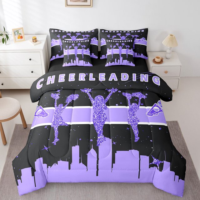 Cheerleading Twin Comforter Set 7PcsDance Themed Bedding Comforter Sets, Dreaming Glitters Bed in a Bag Purple Black Bedding Set, Bling Stars Bed Sheets Set Girly Sequins Sparklings Bedroom Decoration