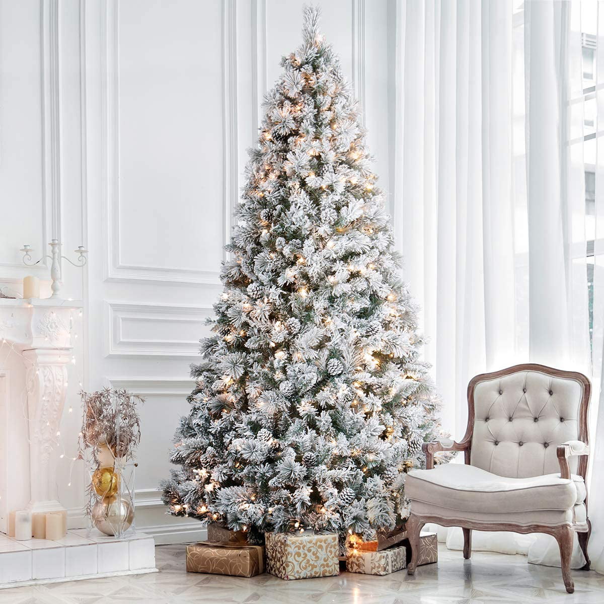 7.5ft PreLit Snow Flocked Hinged Christmas Tree, Feel Real, Holiday Decor with 400 Warm White