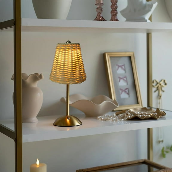 Rattan Gold-Tone Table Lamp, Touch Dimmer LED with Color Control, Portable Rechargeable Indoor Light, for Bedroom, Living Room or Dining Table Decor