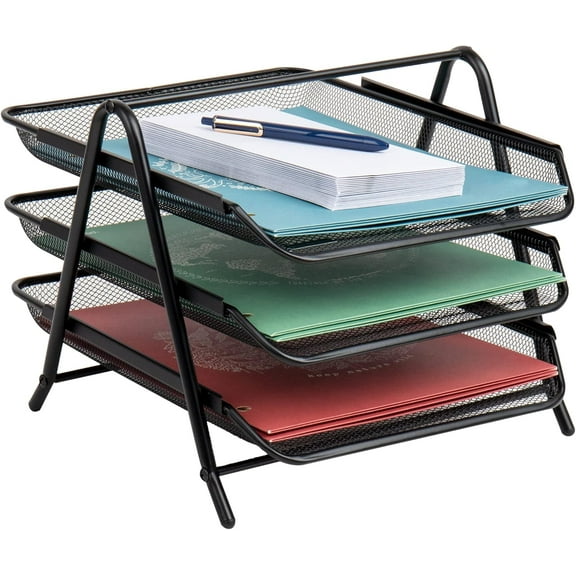 3-Tier Paper Tray, Desktop Organizer, File Storage, Workspace, Office, Metal Mesh, 11.75"L x 13.75"W x 10"H, Black