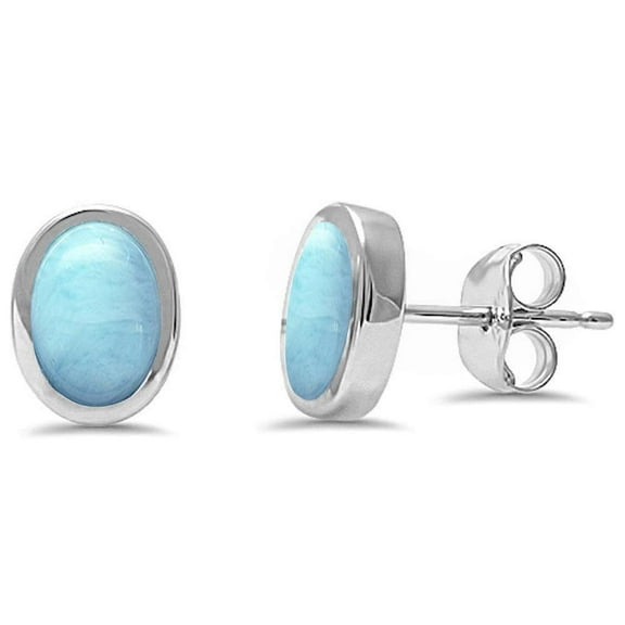 Oval Bezel Set Larimar Simple Stud Earrings Sterling Silver