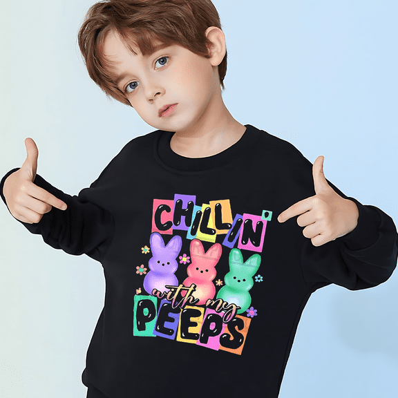 Little Boy "Chillin' with My Peeps" Easter Crewneck Sweatshirt - 100% Cotton Long Sleeve Pullover for Easter and Casual Wear